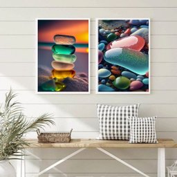 Kit 2 Quadros Pedras Coloridas- Ilha de Creta 45x34cm - com Vidro:madeira Preta - 1 Kit 2 Quadros Pedras Coloridas- Ilha de Creta 45x34cm - com Vidro:madeira Preta - 1