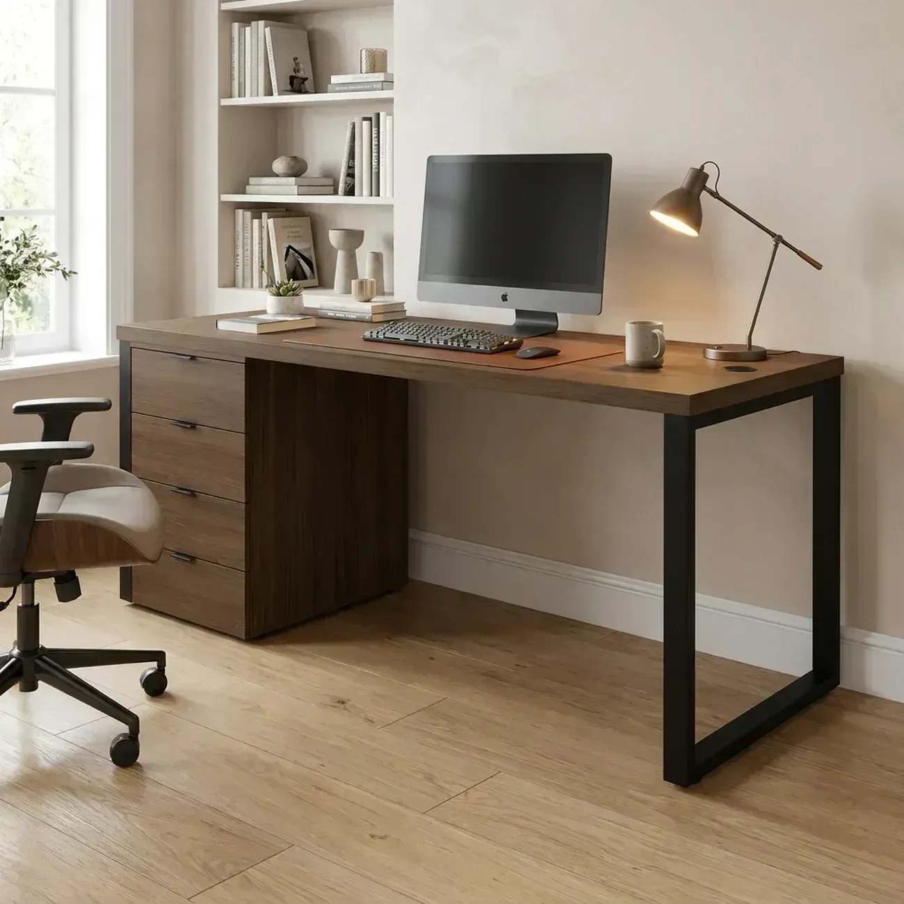 Ver imagem 1 de Escrivaninha com Gaveteiro Industrial 4 Gavetas e Passa-Cabos 190x70cm Frame Office Espresso Móveis Carvalho/Munique