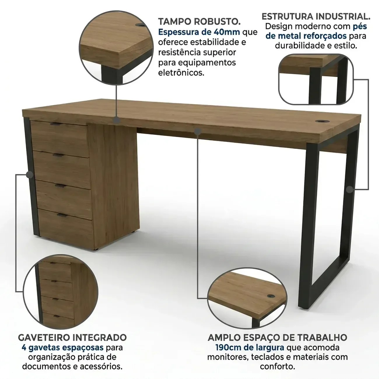 Ver imagem 5 de Escrivaninha com Gaveteiro Industrial 4 Gavetas e Passa-Cabos 190x70cm Frame Office Espresso Móveis Carvalho/Munique