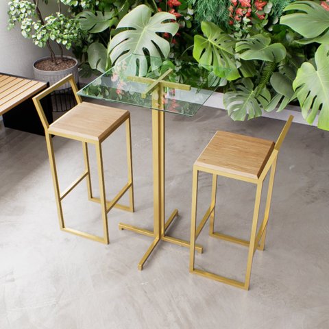 Jogo Mesa Alta Bistrô Quadrada Vidro 2 Banquetas Pinus Confort Industrial Dourado Don Castro Decor I