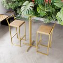 Ver imagem 1 de Jogo Mesa Alta Bistrô Quadrada Vidro 2 Banquetas Pinus Confort Industrial Dourado Don Castro Decor I