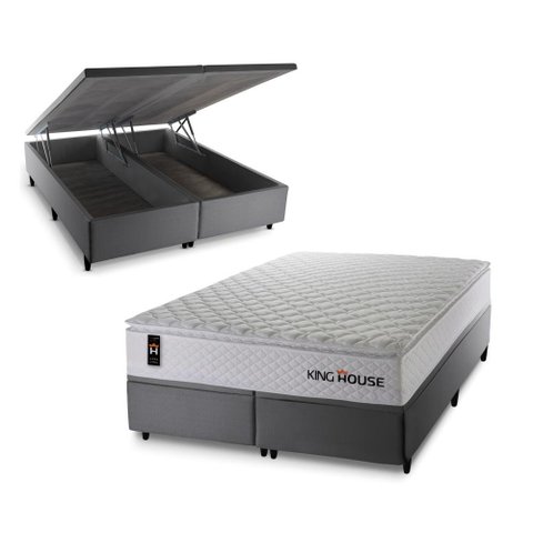 Conjunto Box Baú Super King New Moon Cinza 193x203x73 c/ Molas Ensacadas