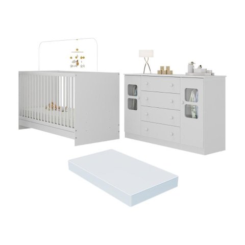 Berço 3 em 1 com Colchão Incluso e Cômoda 2 Portas 4 Gavetas Brisa Multimóveis Mp4755 Branco