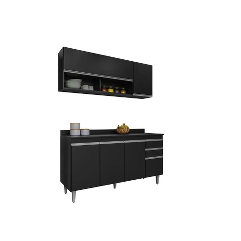 Kit Cozinha Balcão e Aéreo 150cm S/ Tampo - Belliv Decor:preto
