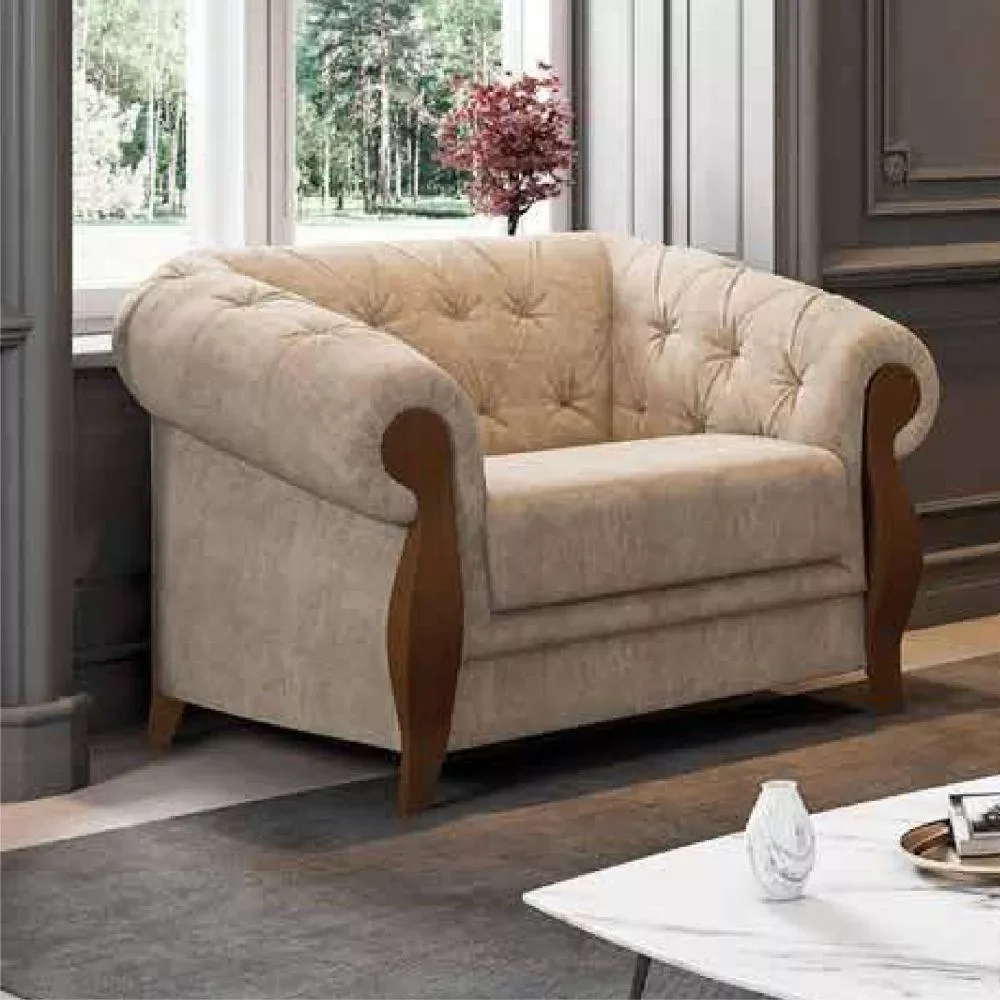 Poltrona Retro com Pés de Madeira Nobre Linho Bege Adhara - Harmônica Móveis