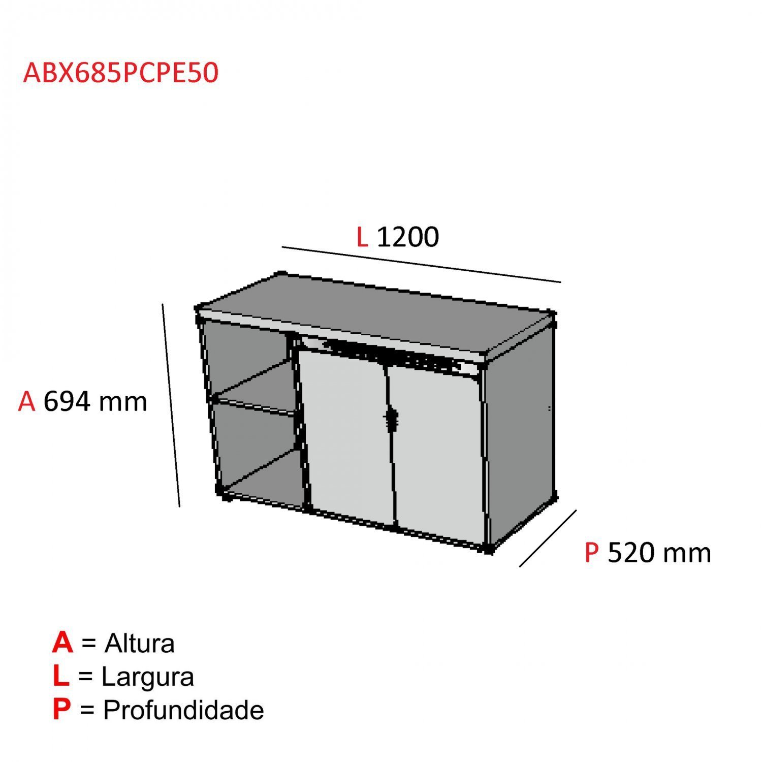 Armário para Escritório Baixo 2 Portas de Correr com Chave PE50  - 3