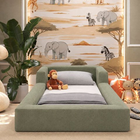 Cama Montessoriana Solteiro Desmontável com Colchão em Bouclé:Verde