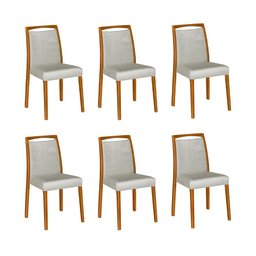 Kit 6 Cadeiras de Jantar Luxo Estofadas Jade Linho Cinza Base Madeira Maciça Mel - 2