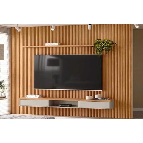 Rack Bancada C/ Painel P/ Tv até 100 Pol Modular 3.0 Ripado 2 Portas 1 Prat. 297x250cm Nature/off