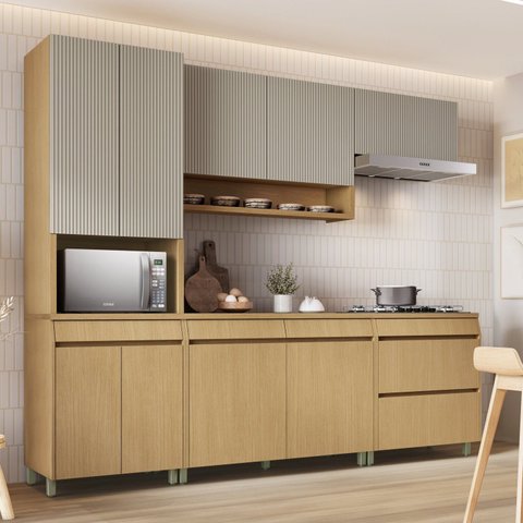 Cozinha 5 Peças 10 Portas 5 Gavetas 270cm 100% MDF Simone Mendes Cinza/Carvalho/Greige