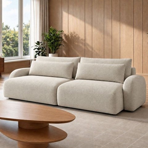 Sofá Cama Modular Orgânico Retrátil 4 Lugares 250cm com Base em Madeira Maciça Oxford