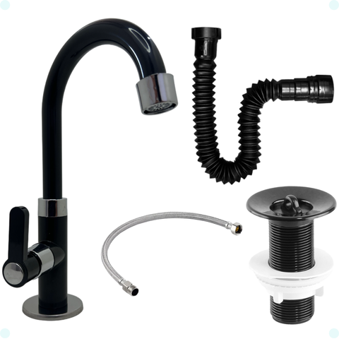 Kit Torneira Pia Banheiro Preto 1/4 de Volta Válvula Lavatório Sifão Extensivo Engate Flexível 60 Cm