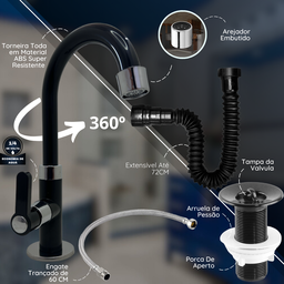 Kit Torneira Pia Banheiro Preto 1/4 de Volta Válvula Lavatório Sifão Extensivo Engate Flexível 60 Cm - 4