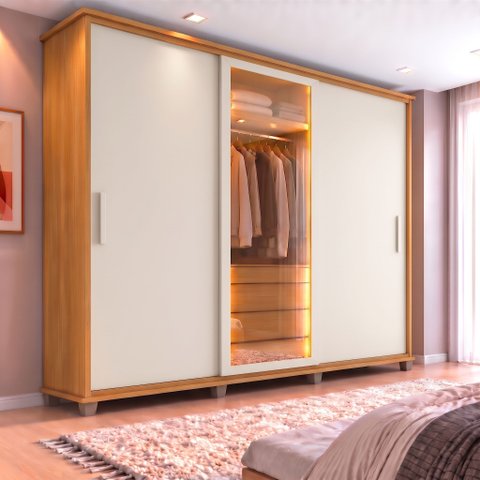 Guarda-Roupa Casal Porta Reflecta 3 Portas de Correr 4 Gavetas com LED Cinamomo Off-White Portugal