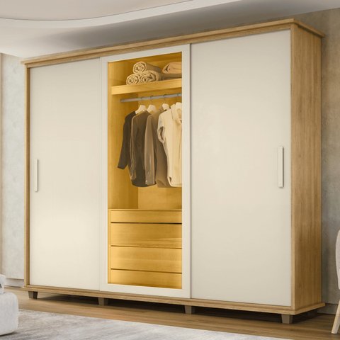 Guarda-Roupa Casal 3 Portas de Correr 1 Porta com Vidro Reflecta com LED 4 Gavetas Portugal Bege/Cinamomo/Off White