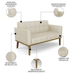 Sofá Namoradeira Base Madeira Castanho Ana Veludo Luxo Off White - Ibiza - 3