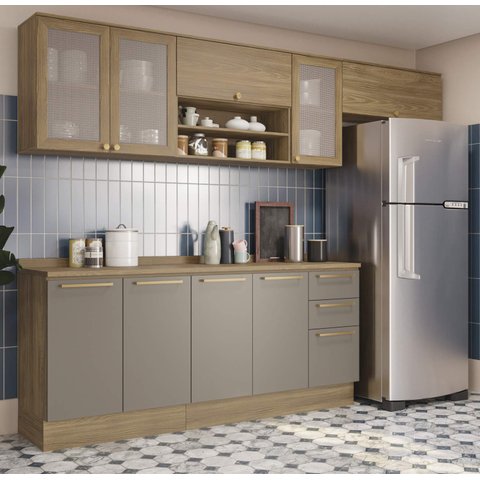 Armário de Cozinha Modulada Completa Reta 7 Peças 2,80m 217 Botanic Kappesberg - Nogueira/fendi