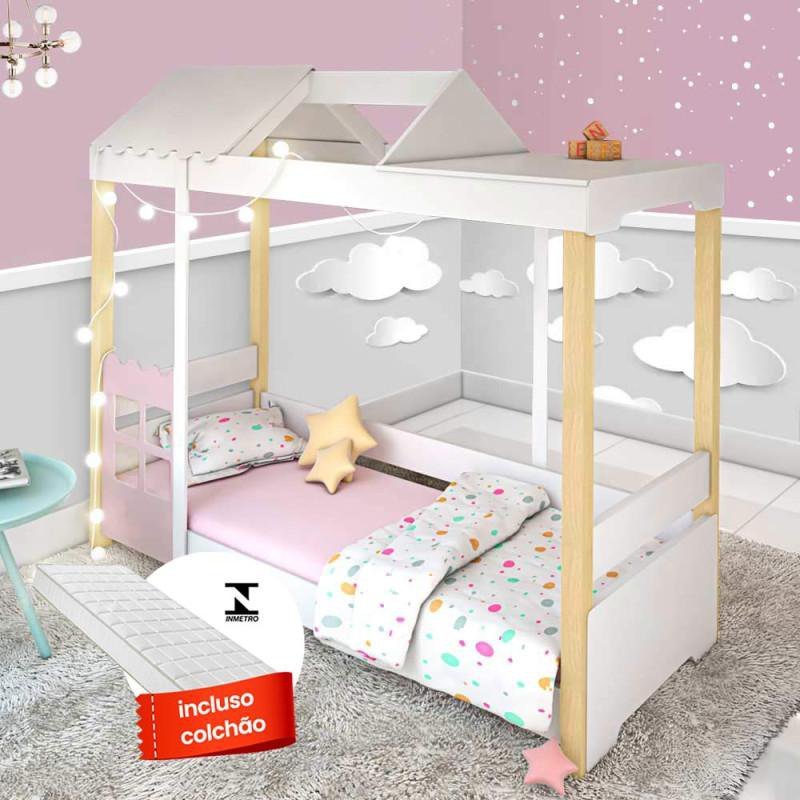 Cama Montessoriana Solteiro com LED Jade com Colchão Rosa | MadeiraMadeira