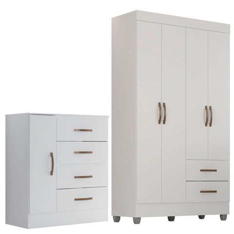 Kit Guarda-roupa Solteiro 4 Portas com Cômoda Sapateira Lisa Branco