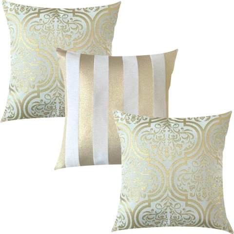Kit 3 Capas de Almofadas Luxo Adamascado e Listrado Dourado e Branco 45x45cm Sua Casa Decor