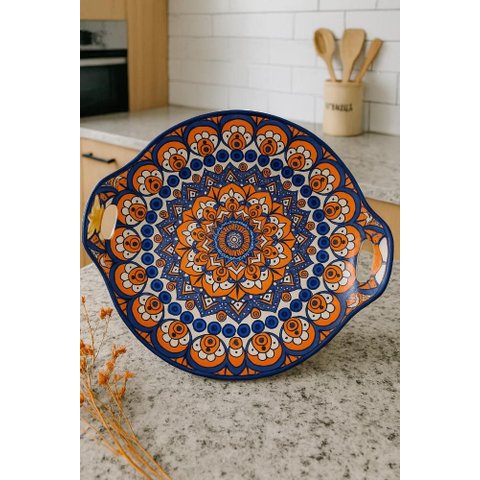 Travessa Redonda de Porcelana com Alça – Estampa Colorida Cor:azul e Laranja