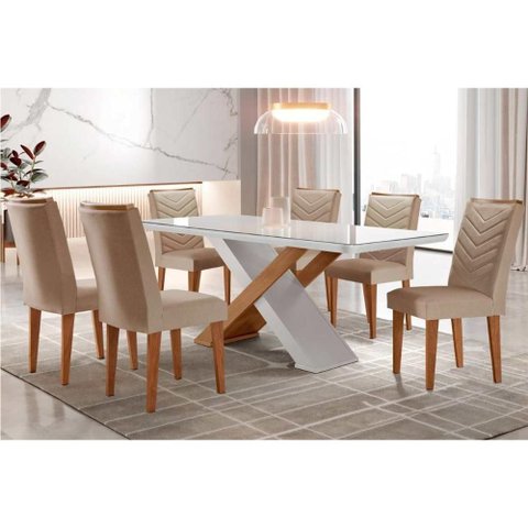 Conjunto: Mesa Sala Jantar Imperatriz Tampo Madeirado C/ Vidro Canto Curvo 180x90 e 6 Cadeiras