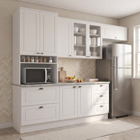 Cozinha Compacta Modulada 100% MDF 4 Peças com Torre Quente e Balcão com Tampo Branca/Calcare Emily