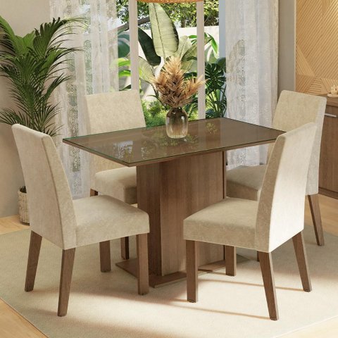 Conjunto Sala de Jantar Mesa Tampo de Vidro 4 Cadeiras Madesa