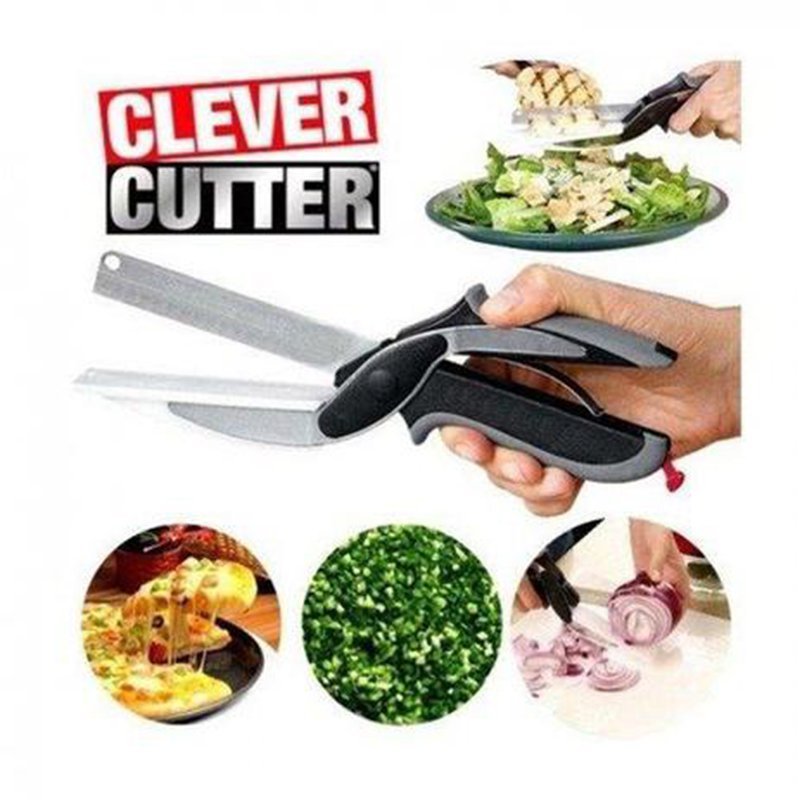Tesoura cortar legumes verduras tabua de corte picar fatiar 2 em 1 frutas clever cutter - 3