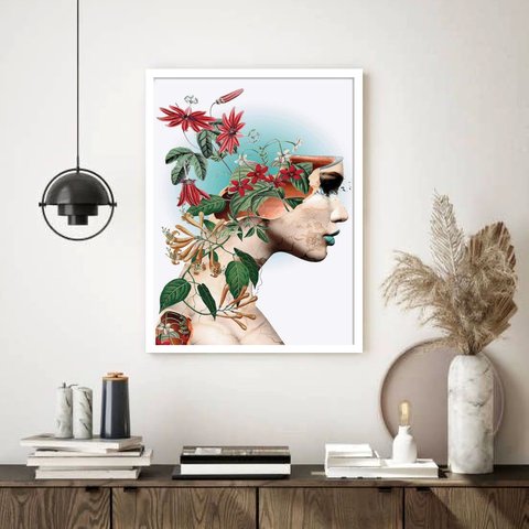 Quadro Decorativo Surrealismo Mulher Flores Maracujá 70x50cm:moldura Preta