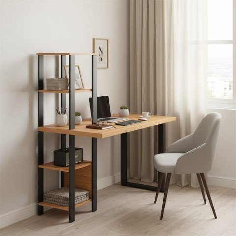 Mesa para Escritório com Estante 1,20m Estilo Industrial 5 Prateleiras Móvel na Caixa