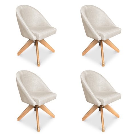 Kit 04 Poltronas Cadeira Giratória Bela Linho Bege Base de Madeira - Pallazio