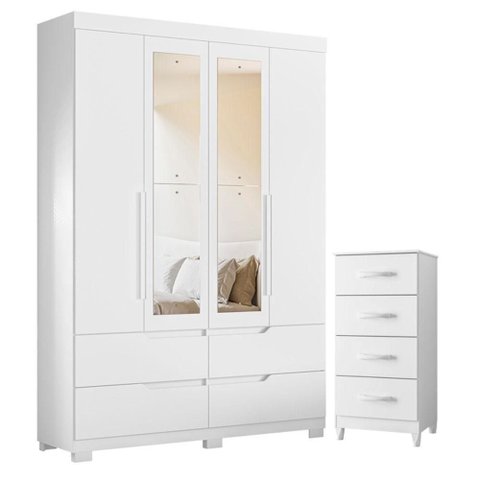 Guarda Roupa Solteiro com Cômoda Doble 4 Portas de Bater com Espelho 4 Gavetas MDP Branco Albatroz