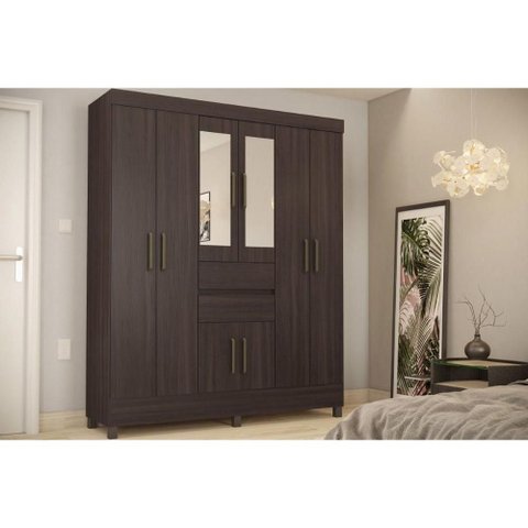 Guarda Roupa Solteiro 8 Portas (2 c/Espelho) e 2 Gavetas Munique Café Touch Demóbile
