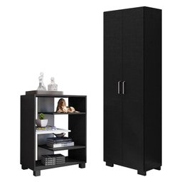 Livreiro Office com Portas Grandes e Livreiro Pequeno Luna Preto Trama – Móveis Leão - 1