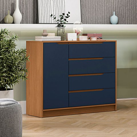 Cômoda 1 Porta 4 Gavetas R260 Canela Azul Profundo Cor Azul