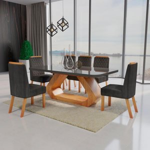 Sala de Jantar 180x90 Lottus Mdf/vidro 6 Cadeiras Bom Pastor Nat/gr/cinza