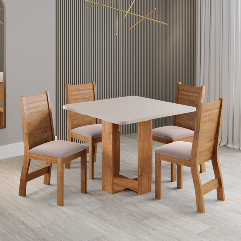 Mesa Quadrada 90x90 Sala de Jantar Oasis + 4 Cadeira Agatha Estofado em Veludo - Vieiro Móveis