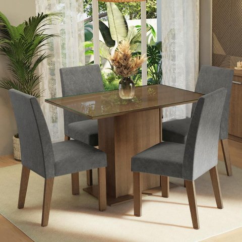 Conjunto Sala de Jantar Mesa Tampo de Vidro 4 Cadeiras Madesa