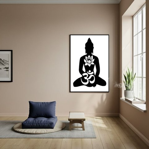Quadro Silhueta Buda - Flor de Lótus e Símbolo Om - 70x50cm:moldura Preta