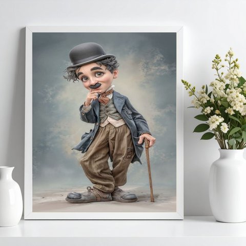Quadro Charlie Chaplin - Caricatura 24x18cm:moldura Branca