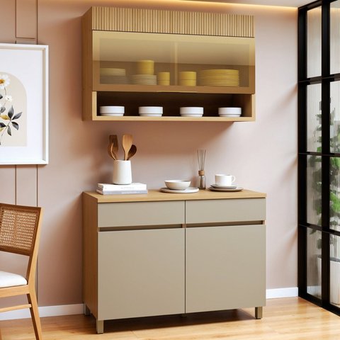Cozinha Completa Modulada 2 Peças 3 Portas 2 Gavetas 100% MDF Realeza Premium Bege/Carvalho/Greige