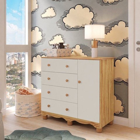 Cômoda Infantil 1 Porta 4 Gavetas 100% MDF Mimo Espresso Móveis Bege/Off White/Amêndoa