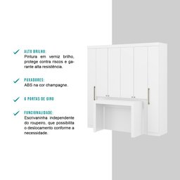 Guarda Roupa Casal 6 Portas Vega com Escrivaninha e Painel de TV 55 Polegadas Branco Carraro - 4 Guarda Roupa Casal 6 Portas Vega com Escrivaninha e Painel de TV 55 Polegadas Branco Carraro - 4