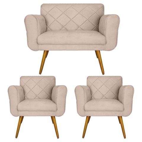 Combo Namoradeira e 2 Poltrona Decorativa Para Escritório Isabella Corano Bege - LM DECOR