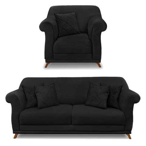 Kit Poltrona e Sofá Living 2 Lugares 1,80m Vênus Suede Pés Castanho - Pallazio - Preto