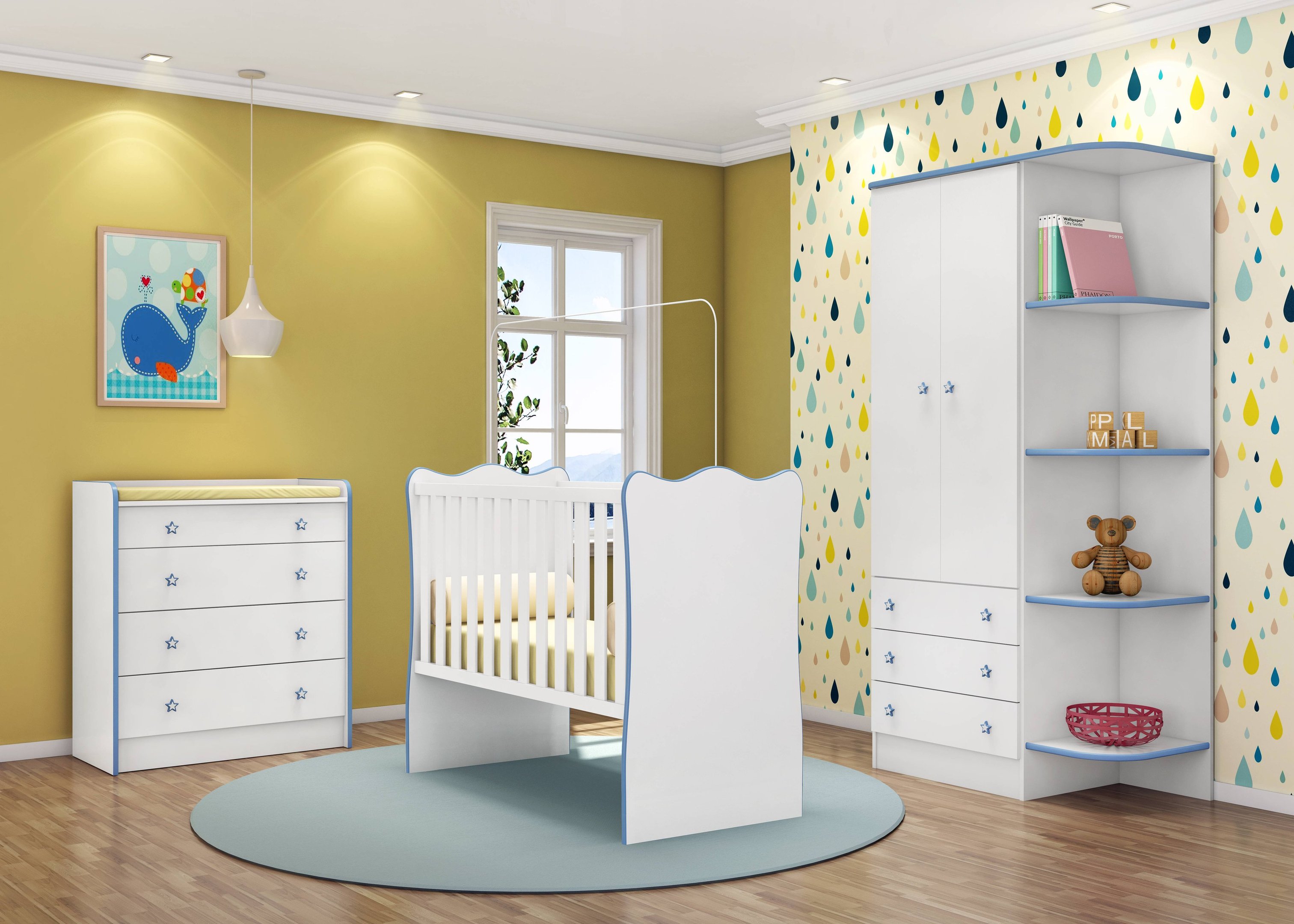 Jogo de Quarto Infantil Doce Sonho com Berço Simples, Cômoda c