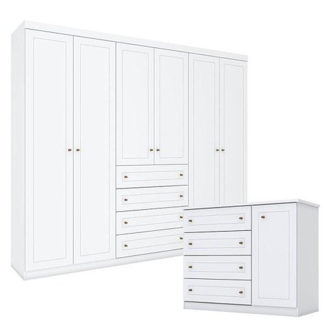 Cômoda e Guarda Roupa Casal 6 Portas Mississipi Branco – Henn