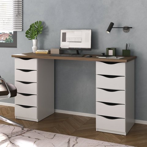 Escrivaninha Mesa Home Office 10 Gavetas Due Ii Nogal/branco