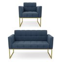 Ver imagem 1 de Kit 1 Sofá Namoradeira e 1 Poltrona Elisa Suede Azul Marinho Base Metálica Industrial Dourada - D'Ro
